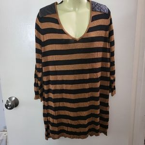 h&m brown beige tan striped 7/8 tunic top faux leather  m medium